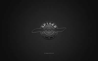 Logotipo spyker, logotipo prateado, fundo de fibra de carbono cinza, emblema de metal Spyker, Spyker, marcas de carros, arte criativa