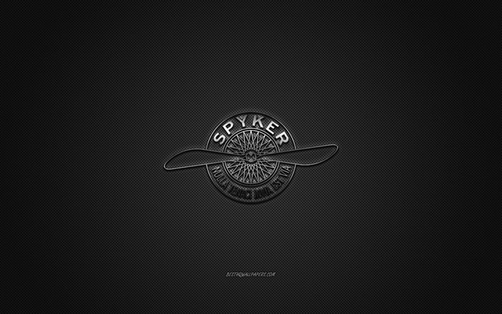 Logo Spyker, logo argento, sfondo in fibra di carbonio grigio, emblema in metallo Spyker, Spyker, marchi di auto, arte creativa