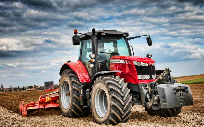 Massey Ferguson 6718 S, campo di aratura, HDR, trattori 2021, macchine agricole, trattore rosso, agricoltura, Massey Ferguson