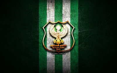 Al Masry SC, logo dorato, Premier League egiziana, sfondo di metallo verde, calcio, EPL, squadra di calcio egiziana, logo Al Masry SC, Al Masry FC