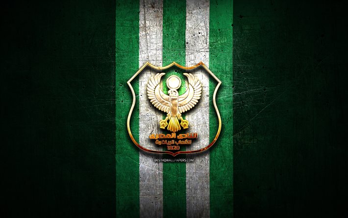 Al Masry SC, logotipo dourado, Premier League eg&#237;pcia, fundo de metal verde, futebol, EPL, clube de futebol eg&#237;pcio, logotipo Al Masry SC, Al Masry FC