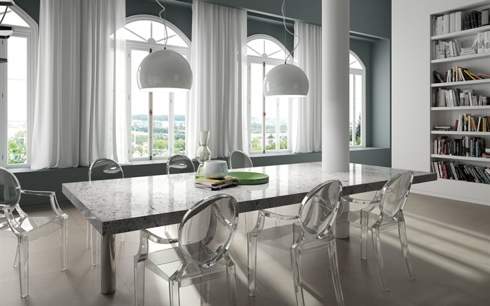 sala de estar, design de interiores elegante, mesa de mármore cinza, mesa de jantar de mármore, cadeiras de plástico transparente, interior moderno