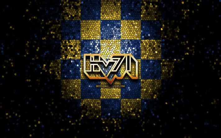 hv71, glitzer-logo, shl, blau-gelb karierter hintergrund, hockey, schwedische eishockeymannschaft, hv71-logo, mosaikkunst, schwedische hockey-liga, hc hv71