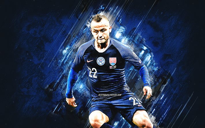 Stanislav Lobotka, Slovakian jalkapallomaajoukkue, Slovakian jalkapalloilija, muotokuva, sininen kivi tausta, Slovakia, jalkapallo
