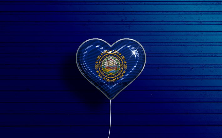 I Love New Hampshire, 4k, palloncini realistici, fondo di legno blu, Stati Uniti d&#39;America, cuore della bandiera del New Hampshire, bandiera del New Hampshire, palloncino con bandiera, Stati americani, Love New Hampshire, USA