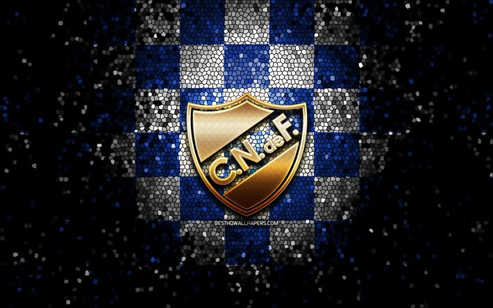 Nacional FC, logo glitter, Primera Division uruguaiano, sfondo blu a scacchi bianchi, calcio, squadra di calcio uruguaiano, logo Nacional, arte del mosaico, Club Nacional de Football