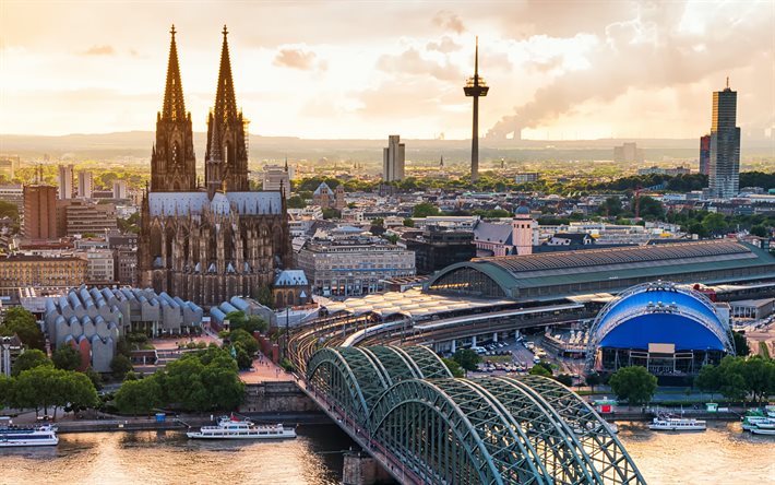 Cologne Cathedral, Hohenzollern bridge, 4k, Cologne, skyline cityscapes, summer, german cities, Europe, Germany, Cities of Germany, Hohenzollernbrucke, Cologne Germany, cityscapes