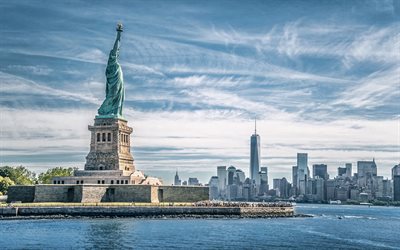 Estátua da Liberdade, Liberty Island, Nova York, World Trade Center 1, New York Cityscape, horizonte da cidade de Nova York, arranha-céus, Liberty Enlightening the World, EUA