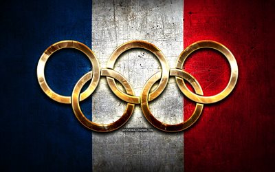 French olympic team, golden olympic rings, France at the Olympics, creative, French flag, metal background, France Olympic Team, flag of France