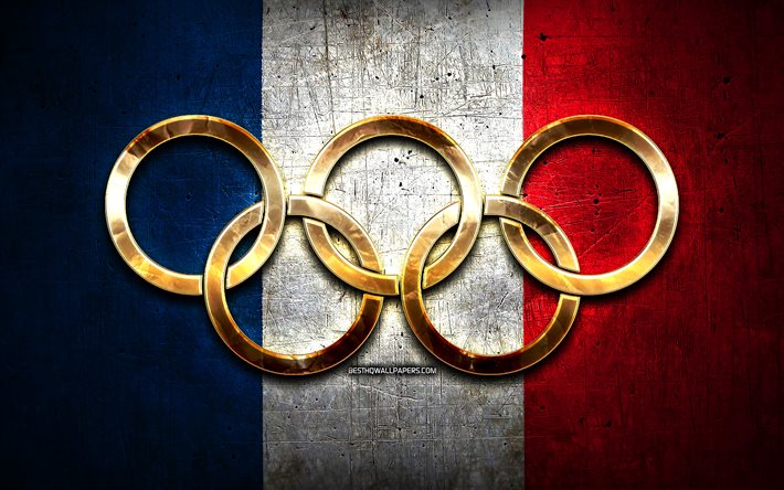 Ranskan olympiajoukkue, kultaiset olympiarenkaat, Ranska olympialaisissa, luova, Ranskan lippu, metallitausta