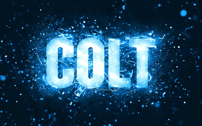 Feliz anivers&#225;rio Colt, 4k, luzes de n&#233;on azuis, nome Colt, criativo, Colt Feliz Anivers&#225;rio, Colt Birthday, nomes masculinos americanos populares, foto com o nome Colt, Colt