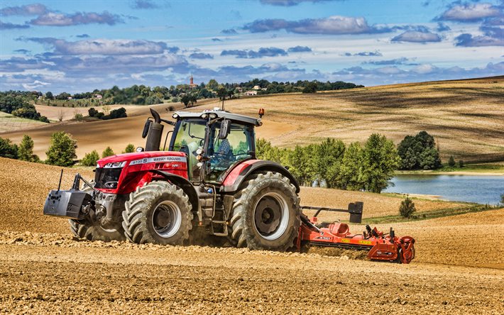 4k, Massey Ferguson 8735 S, aurauskentt&#228;, HDR, 2021 traktorit, maatalouskoneet, punainen traktori, maatalous, Massey Ferguson