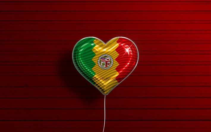 Los Angeles, California, 4k, ger&#231;ek&#231;i balonlar, kırmızı ahşap arka plan, amerikan şehirleri, Los Angeles bayrağı, bayraklı balon, ABD şehirleri seviyorum