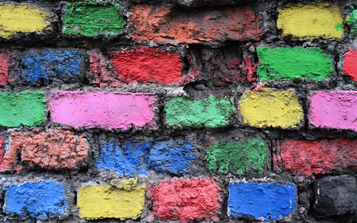 parede de tijolos pintados, textura de tijolos, parede de tijolos, tijolos coloridos, fundo de tijolos, fundo de tijolos grunge, textura de parede