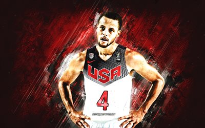 Stephen Curry, USA national basketball team, USA, American basketball player, portrait, United States Basketball team, red stone background