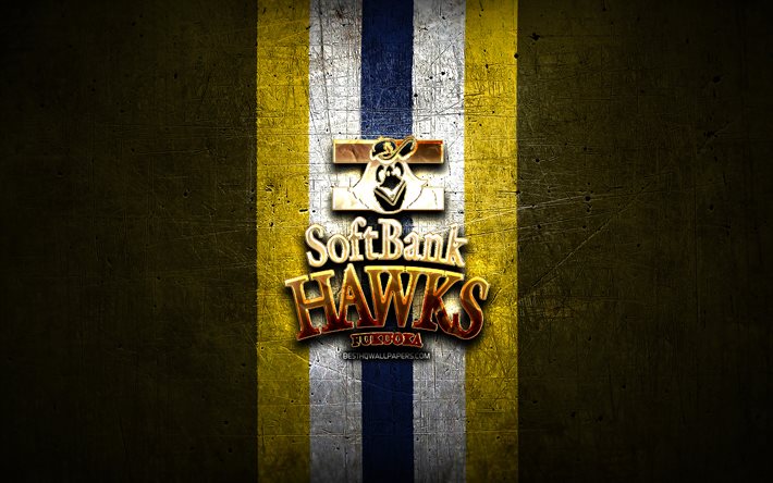 Fukuoka SoftBank Hawks, golden logo, NPB, yellow metal background, japanese baseball team, Nippon Professional Baseball, Fukuoka SoftBank Hawks logo, baseball, Japan