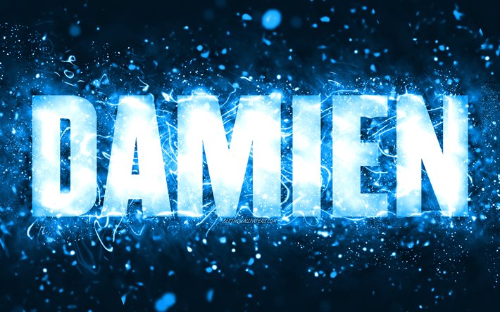 Buon compleanno Damien, 4k, luci al neon blu, nome Damien, creativo, buon compleanno Damien, compleanno Damien, nomi maschili americani popolari, foto con nome Damien, Damien