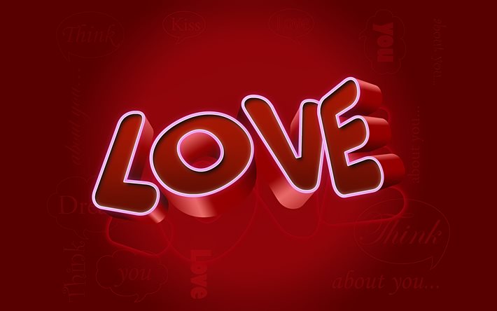 3d parola amore, sfondo rosso, 3d sfondo amore, lettere 3d, concetti di amore, sfondo amore