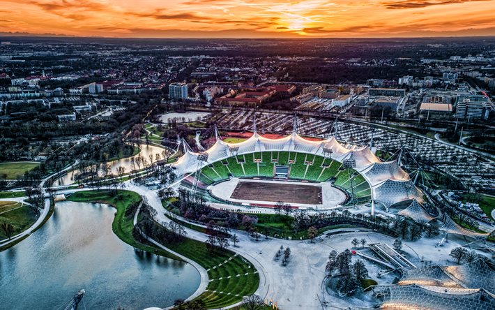 Munich Olympic Stadium, 4k, sunset, skyline cityscapes, summer, Munich, german cities, Europe, Germany, Cities of Germany, Munich Germany, cityscapes