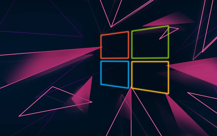 Logotipo colorido do Windows 10, 4k, arte abstrata, criativo, fundo abstrato roxo, logotipo do Windows 10, sistema operacional, logotipo de n&#233;on do Windows 10, Windows 10