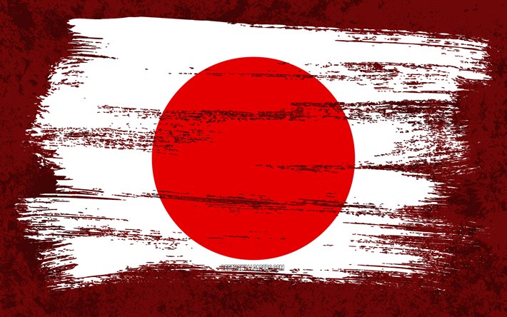 4k, bandiera del Giappone, bandiere del grunge, paesi asiatici, simboli nazionali, pennellata, bandiera giapponese, arte grunge, Asia, Giappone