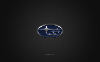 Subaru logo, silver logo, gray carbon fiber background, Subaru metal emblem, Subaru, cars brands, creative art