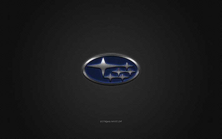 Subaru-logo, hopeanv&#228;rinen logo, harmaa hiilikuitutausta, Subarun metallitunnus, Subaru, automerkit, luovaa taidetta