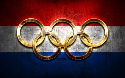 Dutch olympic team, golden olympic rings, Netherlands at the Olympics, creative, Dutch flag, metal background, Netherlands Olympic Team, flag of Netherlands