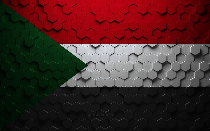 Drapeau du Soudan, art en nid d&#39;abeille, drapeau des hexagones du Soudan, Soudan, art des hexagones 3d, drapeau du Soudan