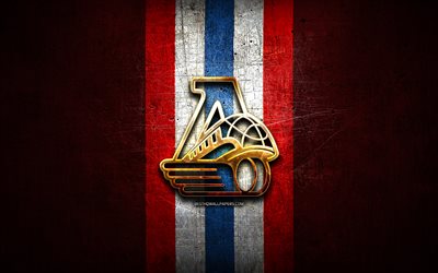 Lokomotiv Yaroslavl, golden logo, KHL, red metal background, russian hockey team, Kontinental Hockey League, Lokomotiv Yaroslavl logo, hockey, HC Lokomotiv Yaroslavl