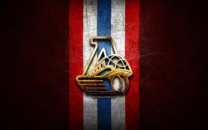 Lokomotiv Yaroslavl, logo dorato, KHL, sfondo rosso in metallo, squadra russa di hockey, Kontinental Hockey League, logo Lokomotiv Yaroslavl, hockey, HC Lokomotiv Yaroslavl