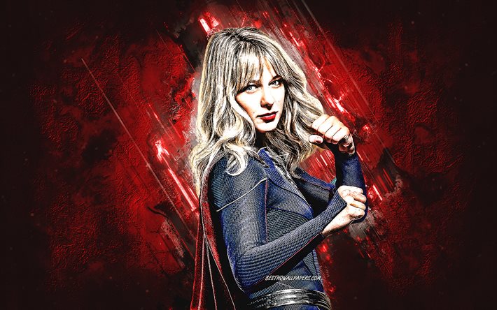 Supergirl, superhero, Melissa Marie Benoist, portrait, Supergirl art, red stone background
