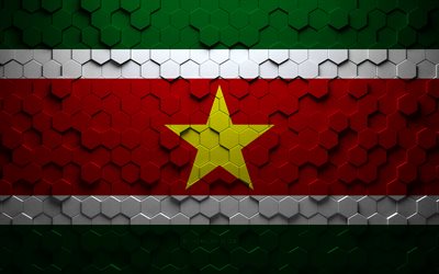 Bandeira do Suriname, arte do favo de mel, bandeira dos hex&#225;gonos do Suriname, Suriname, arte dos hex&#225;gonos 3D, bandeira do Suriname