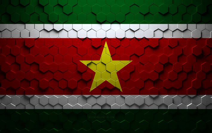 Bandiera del Suriname, arte a nido d&#39;ape, bandiera di esagoni del Suriname, Suriname, arte di esagoni 3d, bandiera del Suriname