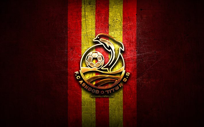 Moadon Sport Ashdod FC, logo dor&#233;, Ligat ha Al, fond m&#233;tal rouge, football, club de football isra&#233;lien, logo Moadon Sport Ashdod, Moadon Sport Ashdod