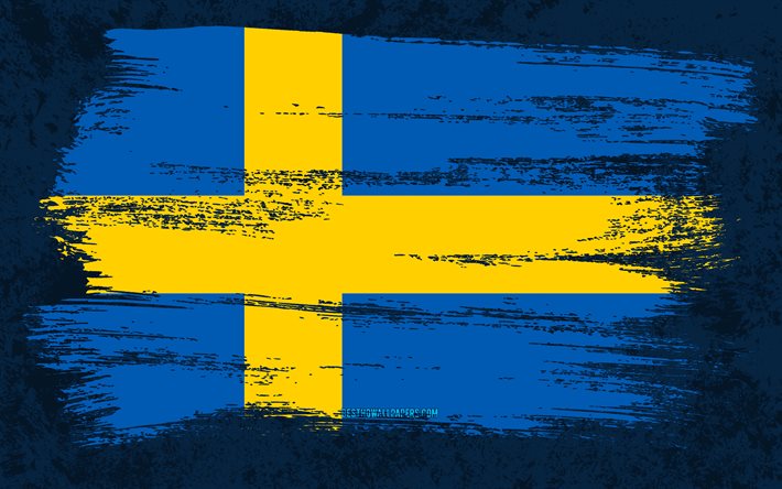 4k, Sveriges flagga, grungeflaggor, europeiska l&#228;nder, nationella symboler, penseldrag, svensk flagga, grungekonst, Europa, Sverige