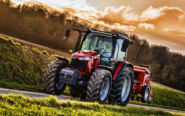 Massey Ferguson 5711 Cab, coucher de soleil, HDR, 2021 tracteurs, route, machines agricoles, r&#233;colte, tracteur rouge, agriculture, Massey Ferguson