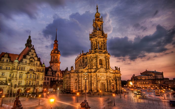 Cath&#233;drale de Dresde, 4k HDR, paysages urbains, paysages nocturnes, villes allemandes, Europe, Dresde, Allemagne, villes d&#39;Allemagne, Dresde Allemagne