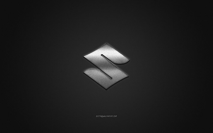 Logo Suzuki, logo argent&#233;, fond gris en fibre de carbone, embl&#232;me en m&#233;tal Suzuki, Suzuki, marques de voitures, art cr&#233;atif