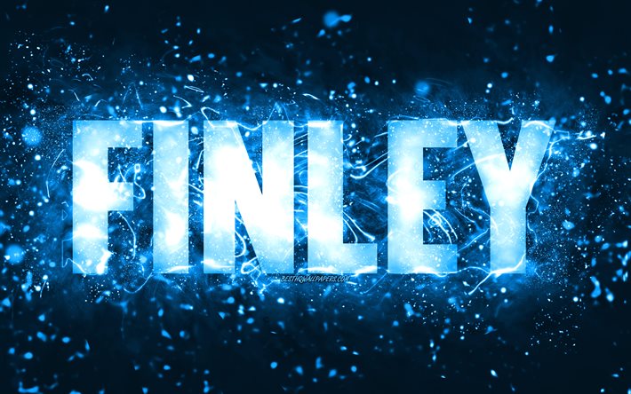 Feliz Anivers&#225;rio Finley, 4k, luzes de n&#233;on azuis, nome Finley, criativo, Finley Feliz Anivers&#225;rio, Finley Anivers&#225;rio, nomes masculinos americanos populares, foto com o nome Finley, Finley