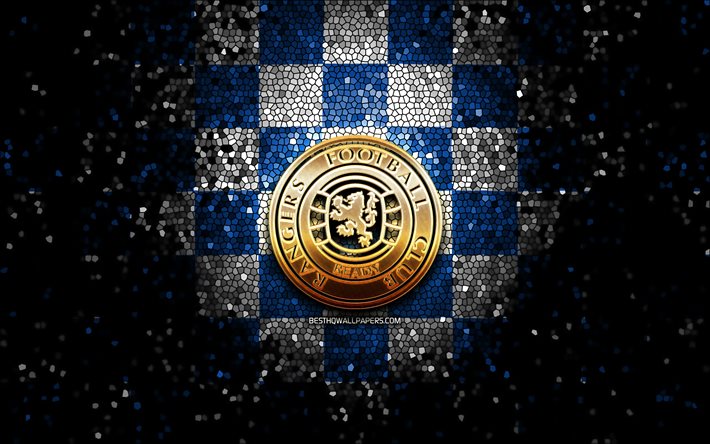 Rangers FC, glitter logo, Scottish Premiership, blue white checkered background, soccer, scottish football club, Rangers logo, mosaic art, football, FC Rangers