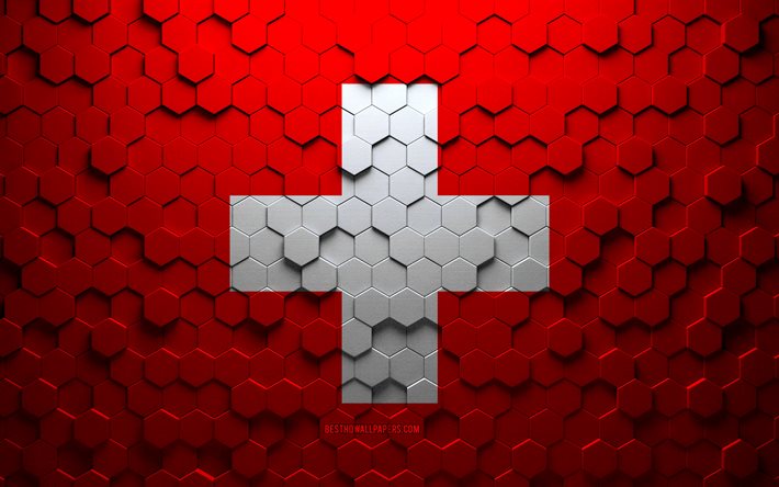 Flag of Switzerland, honeycomb art, Switzerland hexagons flag, Switzerland, 3d hexagons art, Switzerland flag