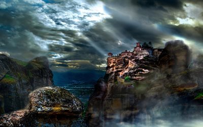 Meteora, dağlar, cliffs, manastır, Yunanistan