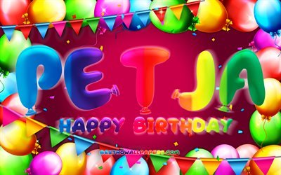 Happy Birthday Petja, 4k, colorful balloon frame, Petja name, purple background, Petja Happy Birthday, Desislava Birthday, popular bulgarian female names, Birthday concept, Petja