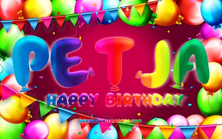 Joyeux Anniversaire Petja, 4k, color&#233; ballon cadre, Petja nom, fond mauve, Petja Joyeux Anniversaire, Desislava Anniversaire, populaire bulgare des noms de femmes, Anniversaire concept, Petja