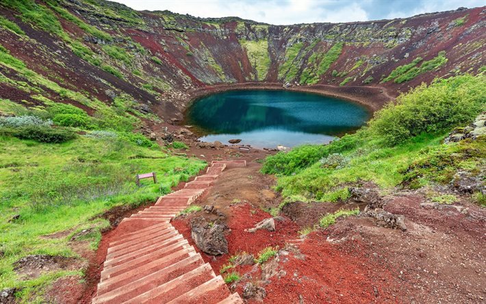 Kerid Crater, volcanic crater lake, Iceland, Grimsnes, mountains, volcano, crater