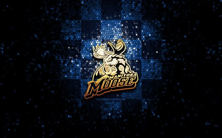 Manitoba Moose, glitter logo, AHL, mavi damalı arka plan, ABD, Amerikan hokey takımı, Manitoba Moose logo, mozaik sanatı, hokey, Amerika