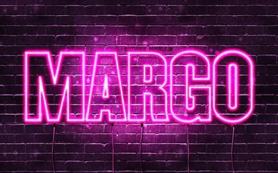 Margo, 4k, tapeter med namn, kvinnliga namn, Margo namn, lila neon lights, Grattis P&#229; F&#246;delsedagen Margo, bild med Margo namn