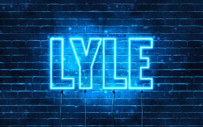 Lyle, 4k, fondos de pantalla con los nombres, el texto horizontal, Lyle nombre, Feliz Cumplea&#241;os Lyle, luces azules de ne&#243;n, imagen con Lyle nombre