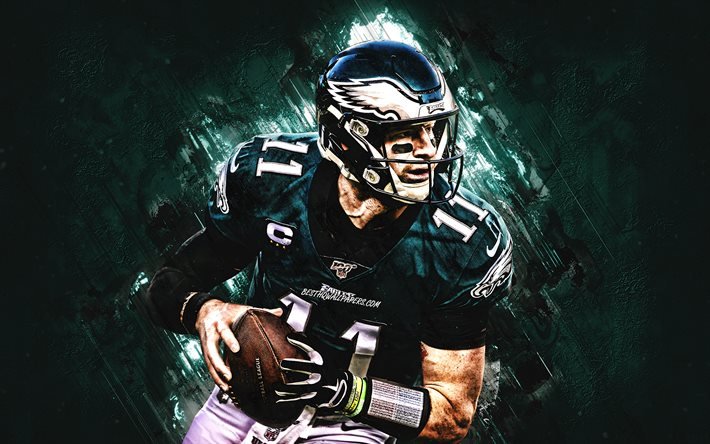 Carson Wentz, Philadelphia Eagles, NFL, National Football League, vihre&#228; kivi tausta, muotokuva, amerikkalainen jalkapallo
